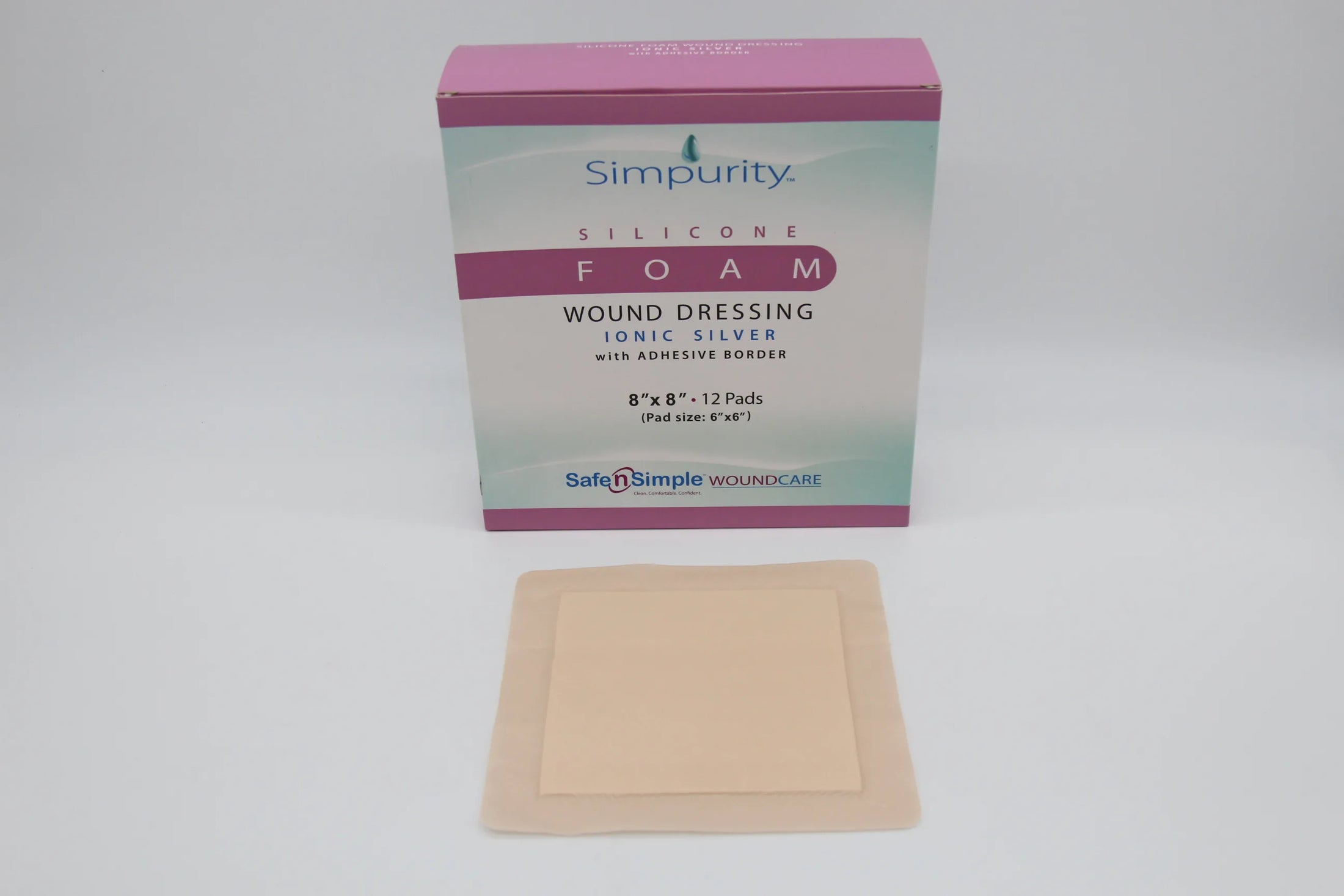 Safe N Simple Simpurity 5-Layer Bordered Silicone Foam Dressing with Silver, 6 x 6 Inch Pad