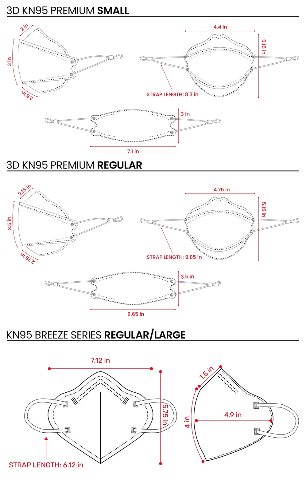 WellBefore mask fit guide - 3D KN95 Premium Small, Regular and KN95 Breeze dimensions