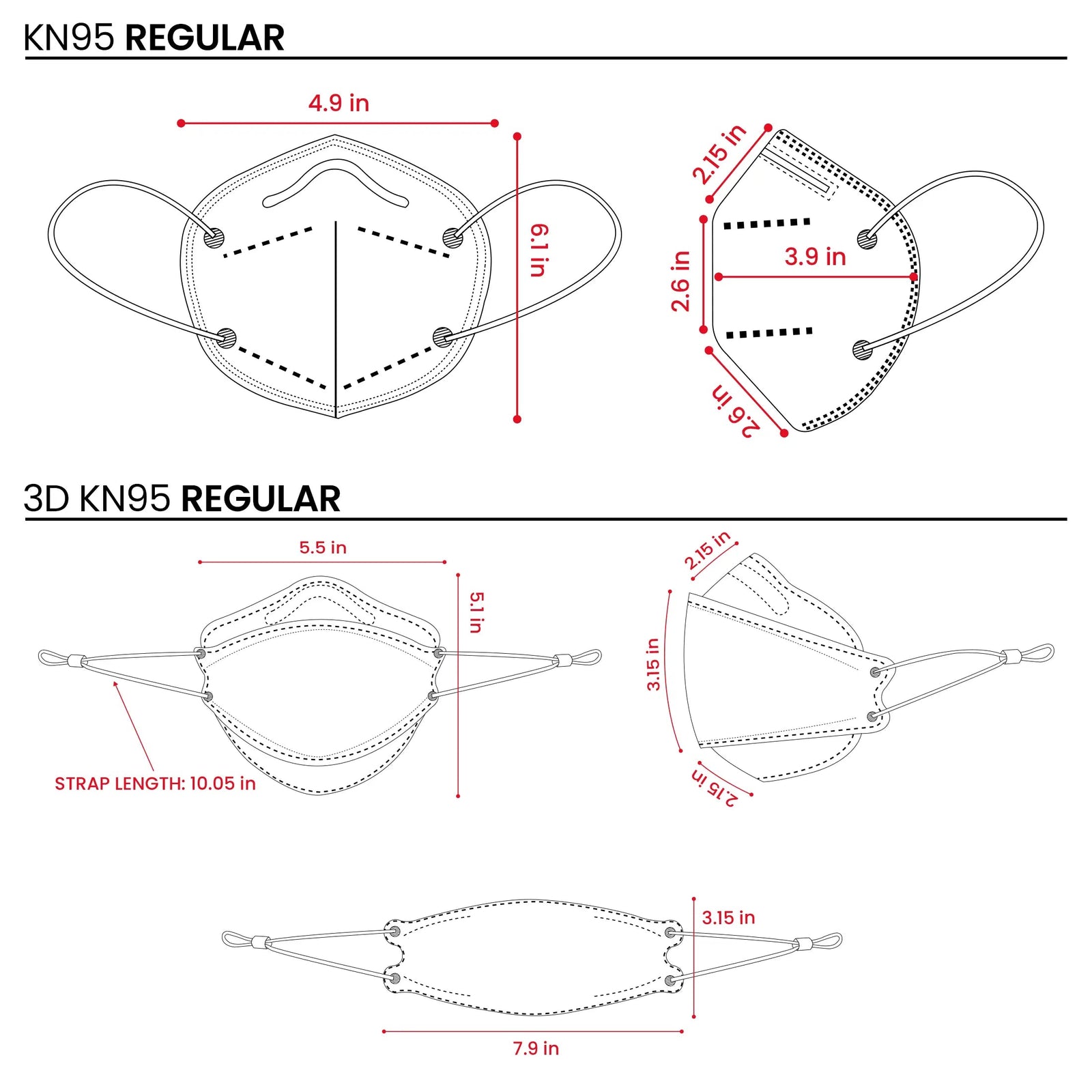 WellBefore mask fit guide - KN95 Regular and 3D KN95 Regular dimensions