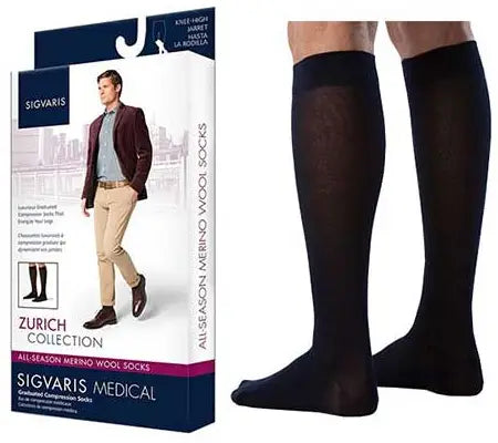 Sigvaris 242C Merino Wool Calf Compression Stockings - 20-30mmHg, Men's Medium Long Navy