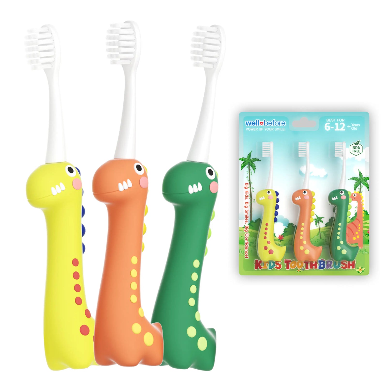 Kids Dinosaur Toothbrushes – 3 Fun Colors in One Pack