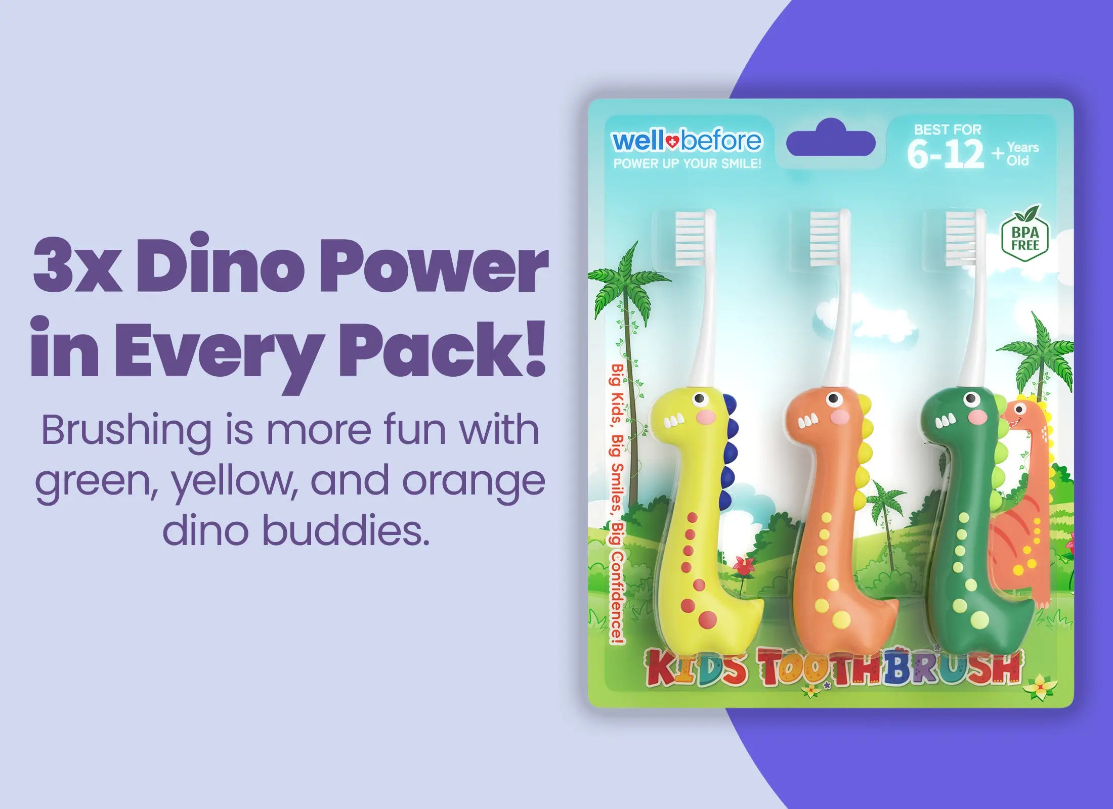 Kids Dinosaur Toothbrushes – 3 Fun Colors in One Pack