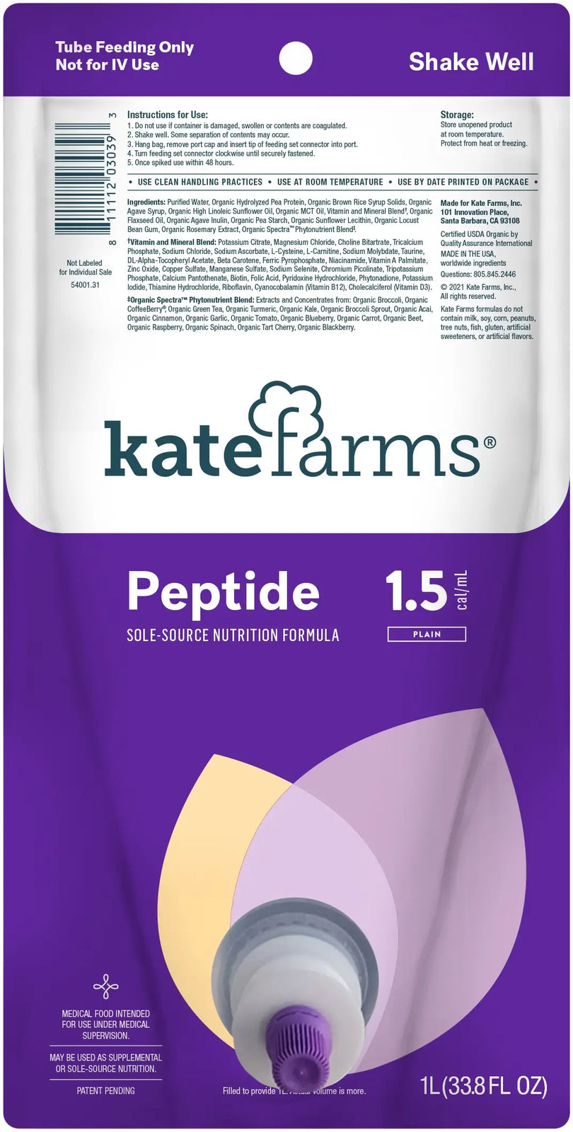 Kate Farms Peptide 1.5 Plain Ready-to-Hang Enteral Nutrition 1000 mL