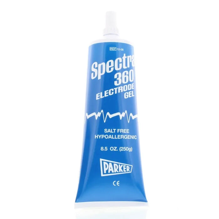 Spectra 360 salt-free electrode gel tube showing 8.5 oz net weight and CE mark