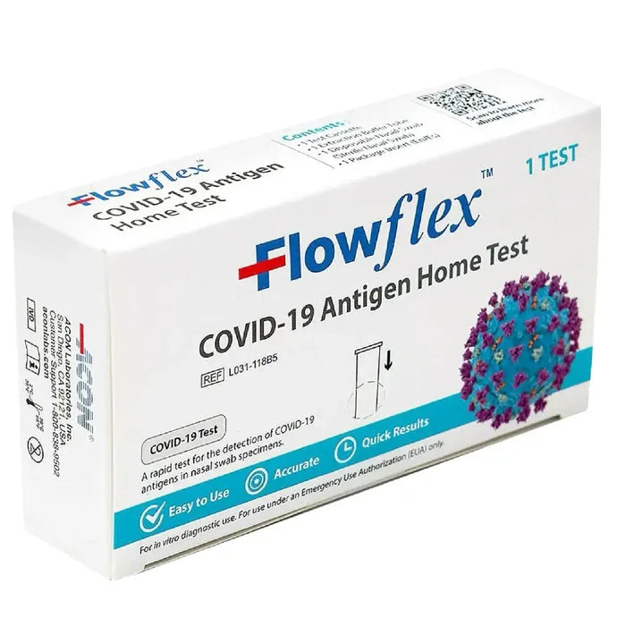 Flowflex COVID-19 antigen home test box three-quarter view showing easy to use, accurate, quick results