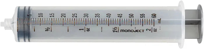 Cardinal Health luer lock syringe barrel showing milliliter and ounce graduation markings