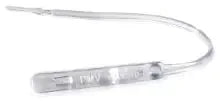 Close-up of the clear Passy Muir PMV Secure-It valve attachment showing the PMV marking and securement ring
