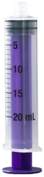 Purple Vesco Medical ENFit syringe showing the 5, 10, 15 and 20 mL printed graduation scale