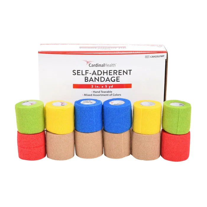 Cardinal Health self-adherent bandage box, 2 in by 5 yd, hand tearable mixed color assortment