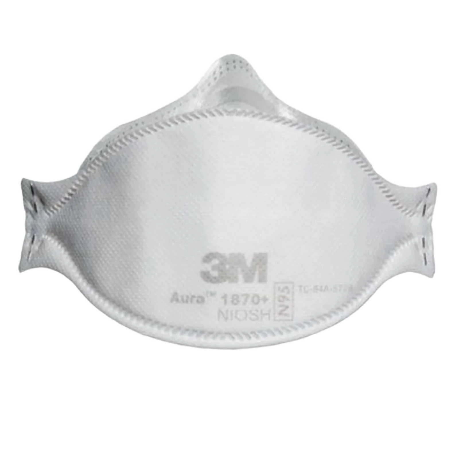 3M Aura 1870+ N95 surgical respirator front view showing the 3-panel flat-fold shape and embossed top panel