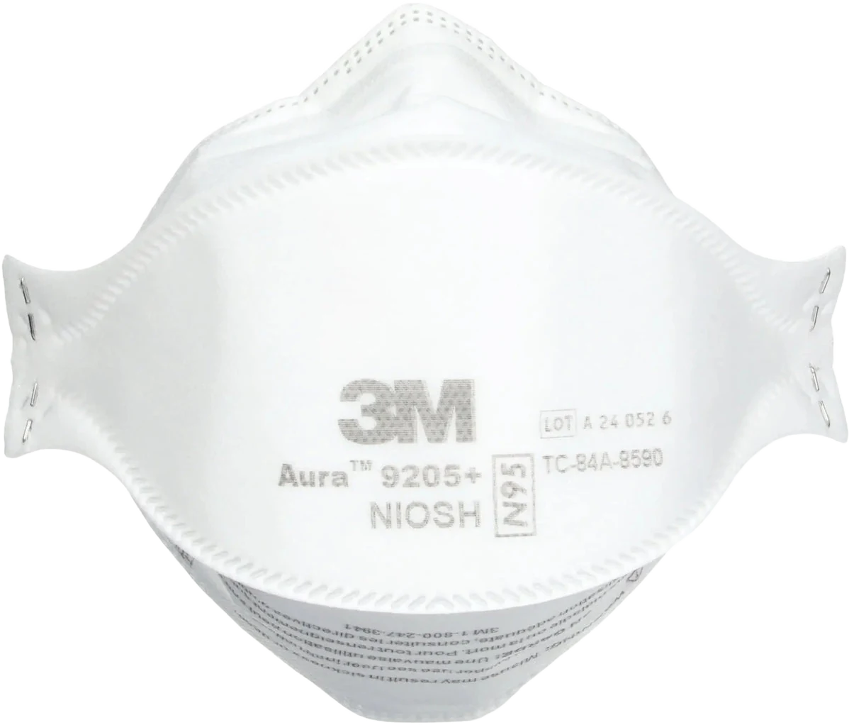 Front view of the 3M Aura 9205 Plus N95 particulate respirator showing the 3-panel flat-fold and stapled over-the-head straps