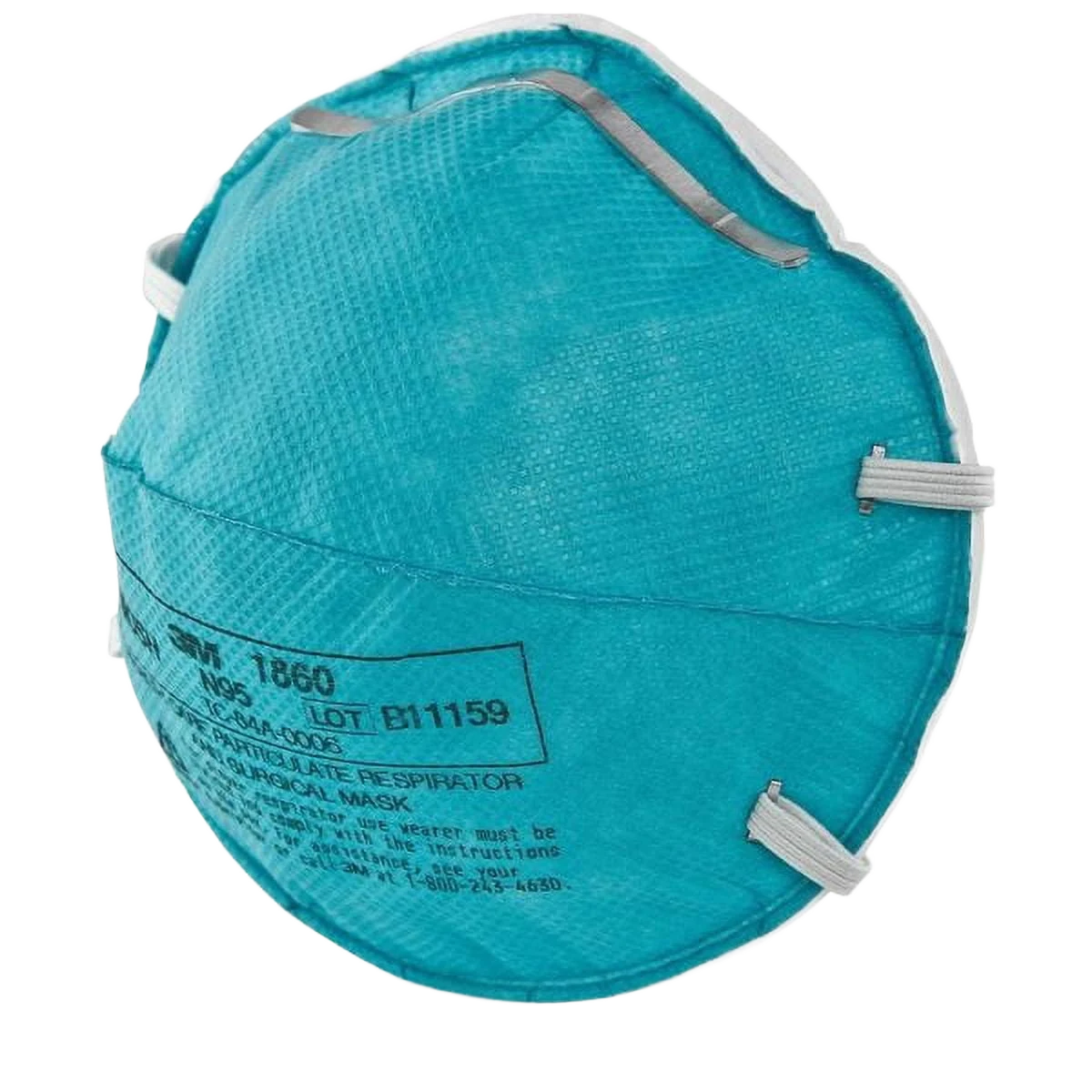 3M 1860 N95 health care particulate respirator and surgical mask, teal cup, three-quarter view showing the adjustable nose clip and braided headbands