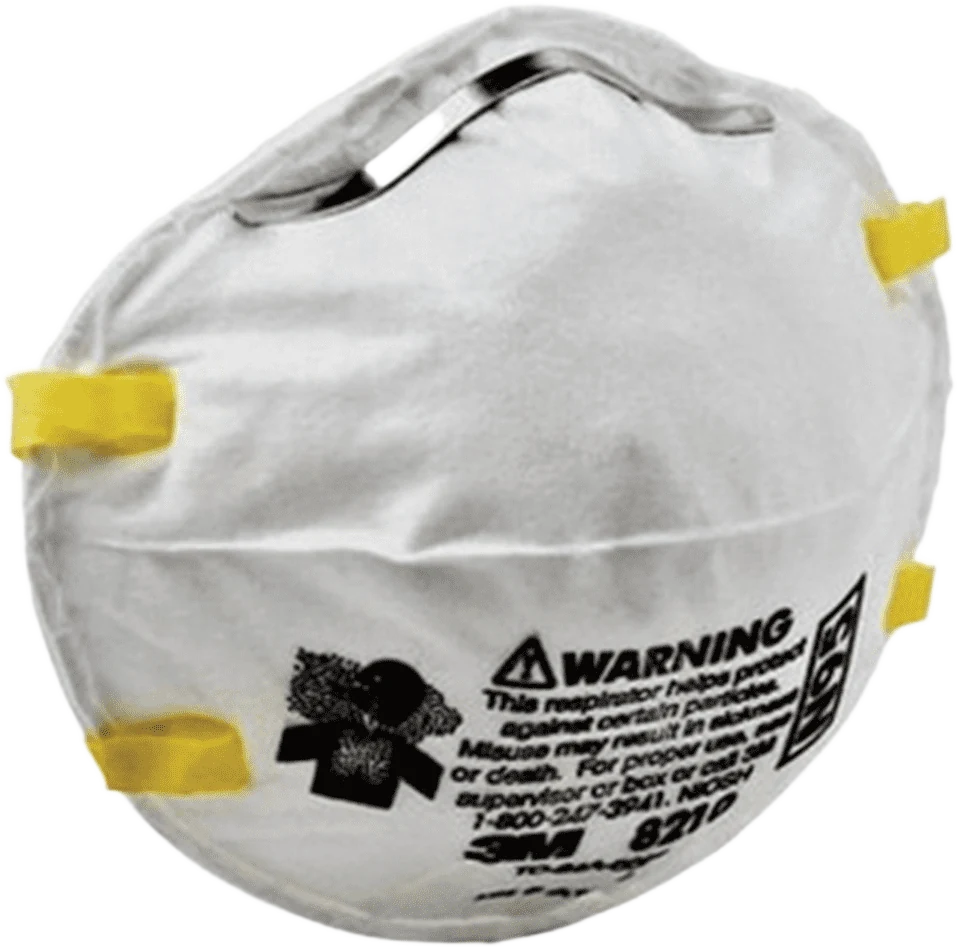 3M 8210 N95 particulate respirator, three-quarter view showing the aluminum nose clip and yellow over-the-head straps