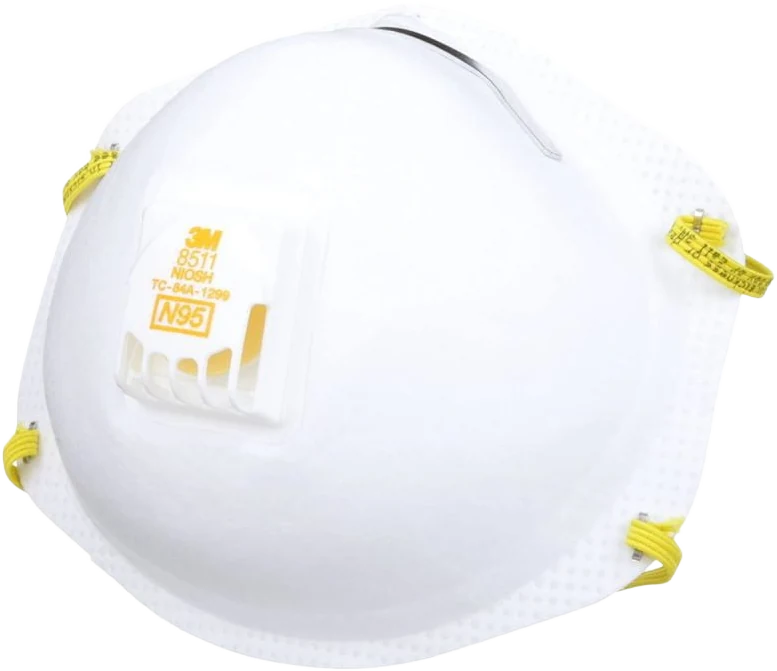 3M 8511 N95 particulate respirator, three-quarter view showing the Cool Flow valve, M-noseclip and yellow over-the-head straps