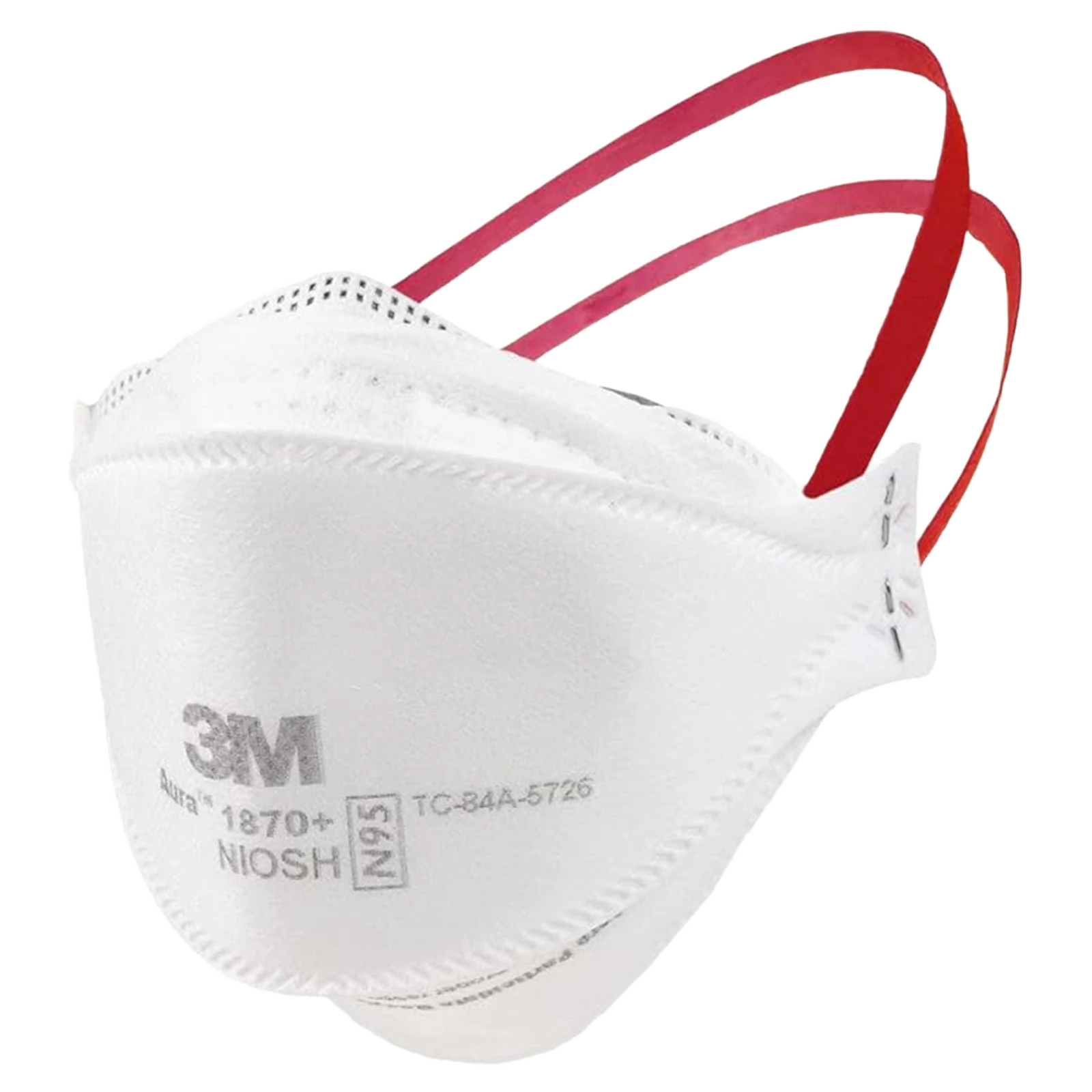 3M Aura 1870+ N95 surgical respirator, three-quarter view with red over-the-head straps