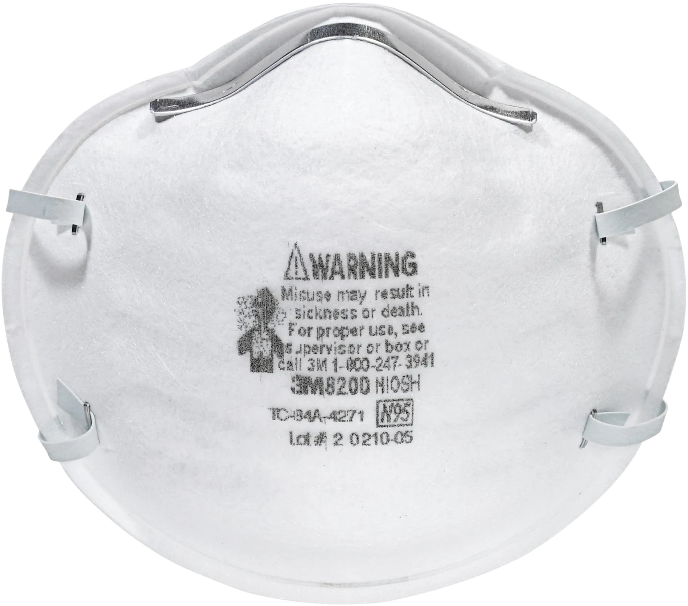 3M 8200 N95 particulate respirator, front view showing the molded cup, adjustable metal nose clip and two over-the-head gray headbands