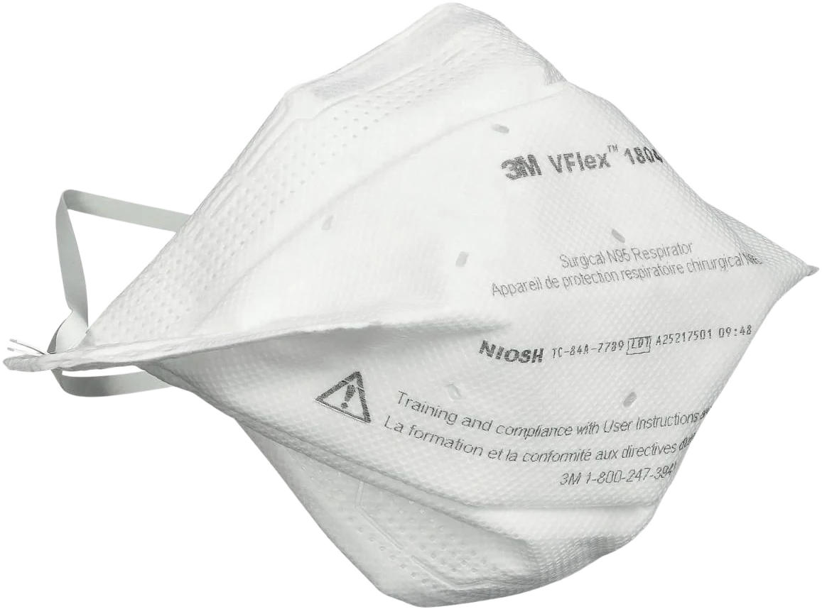 3M VFlex 1804 surgical N95 respirator shown at a three-quarter angle with the V-fold pleats and stapled over-the-head straps