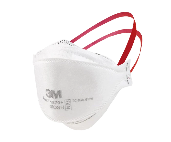 3M Aura 1870+ surgical N95 respirator with red head straps and flat-fold design