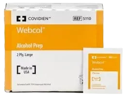 Cardinal Health Webcol alcohol prep pads box, large 2-ply, with individually wrapped 70 percent isopropyl alcohol pad