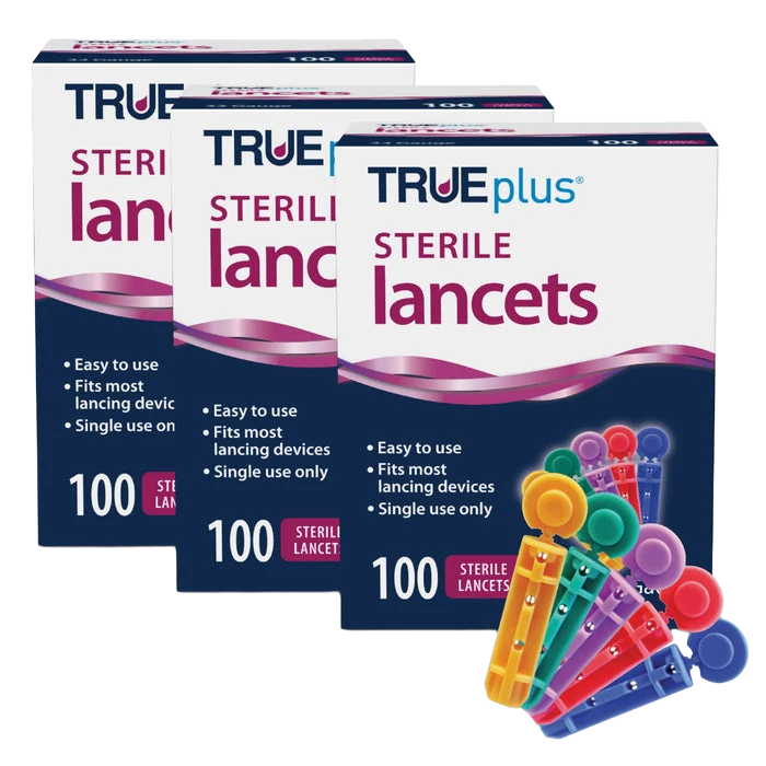 TRUEplus sterile single-use lancets boxes with color-coded lancets