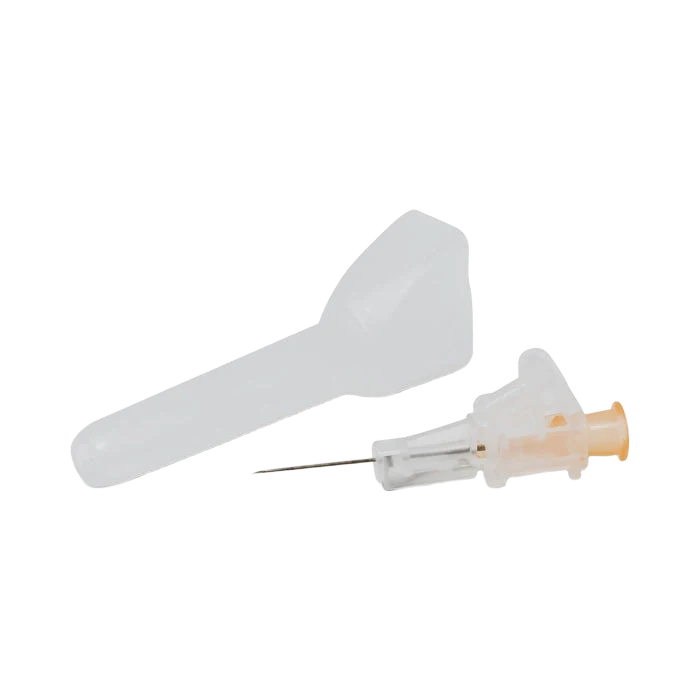 BD SafetyGlide 25G safety needle with clear activation shield, orange Luer hub and protective cap