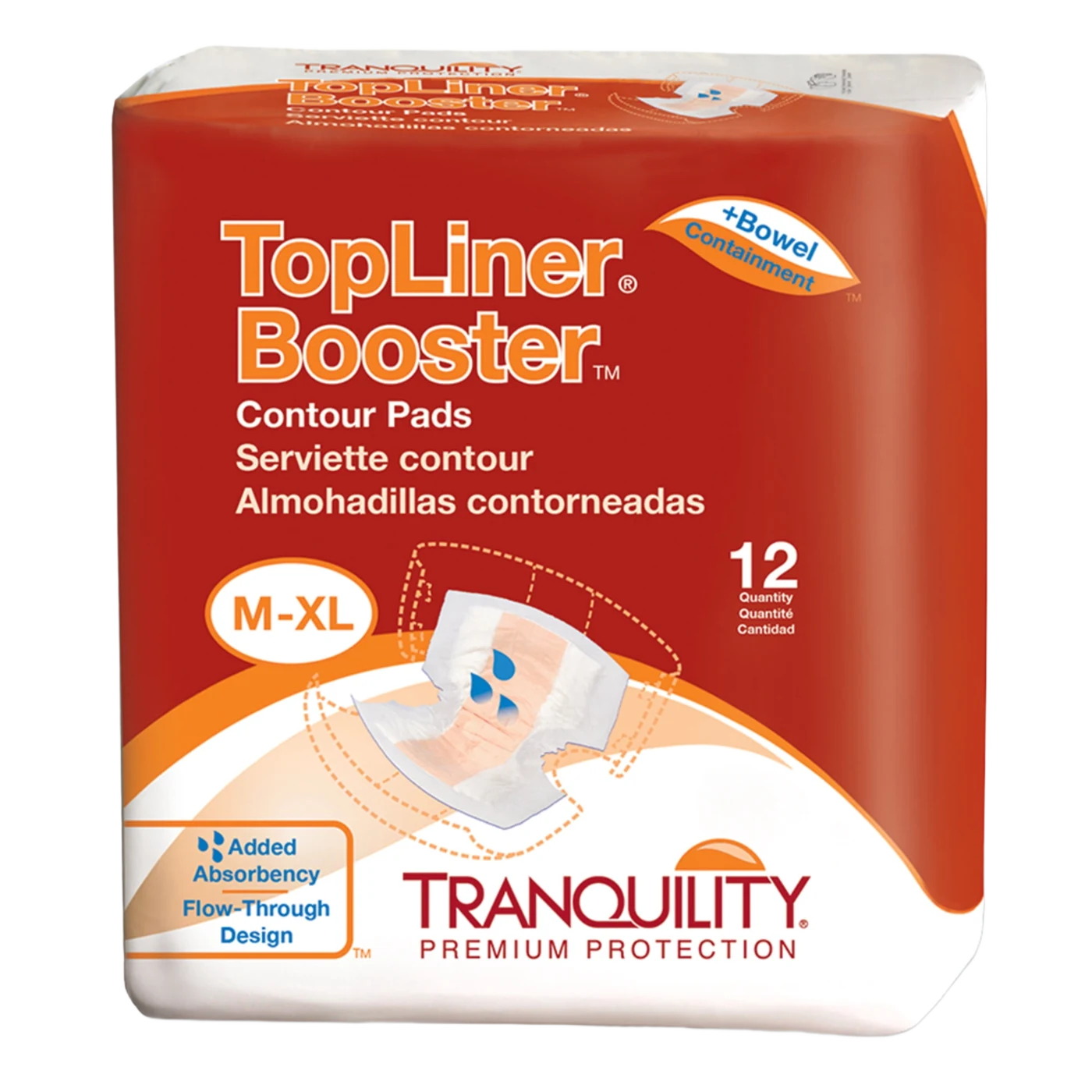 Tranquility TopLiner Booster Contour Pads package with flow-through design, heavy absorbency