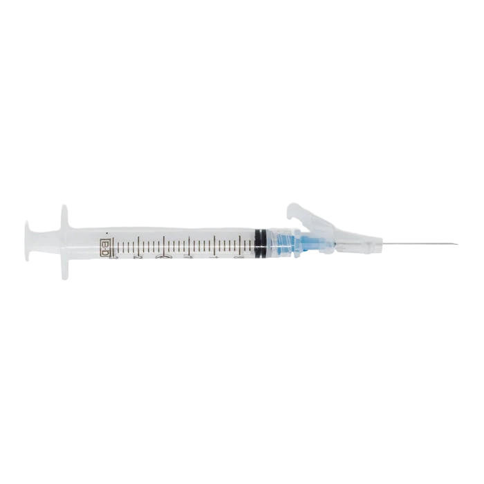 BD SafetyGlide safety syringe with detachable 23G needle, blue safety shield and 3 mL graduated barrel
