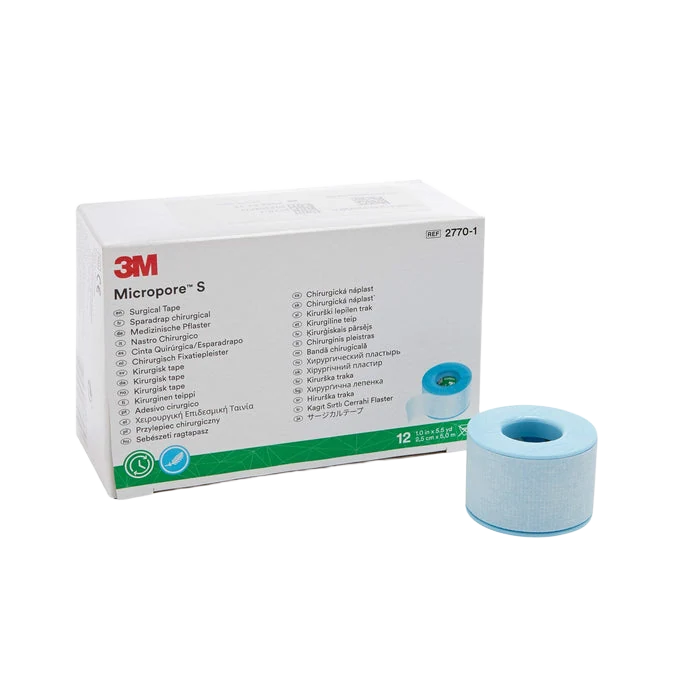 3M Micropore S silicone surgical tape box with a blue tape roll