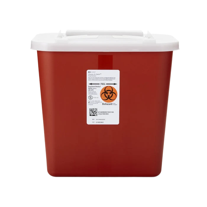 Red Sharps-A-Gator sharps container with white lid and biohazard label