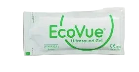 EcoVue sterile ultrasound gel 20 gram SafeWrap packet with green branding and CE mark