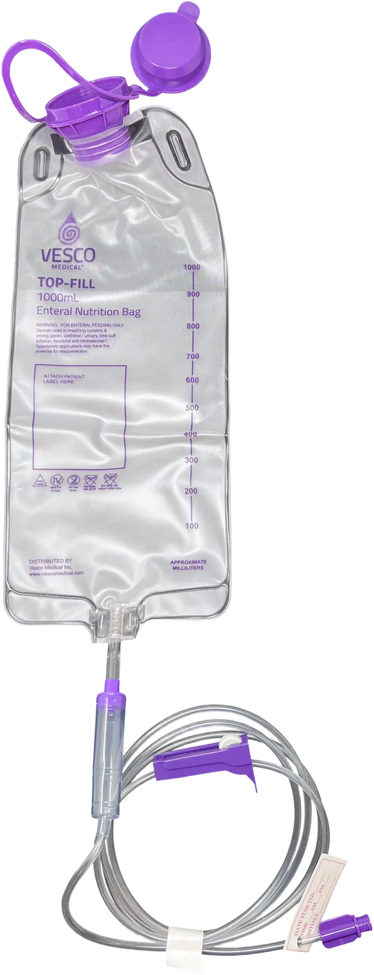 Vesco Medical top-fill gravity feed enteral nutrition bag with purple ENFit connector, tubing and 1000 mL graduations
