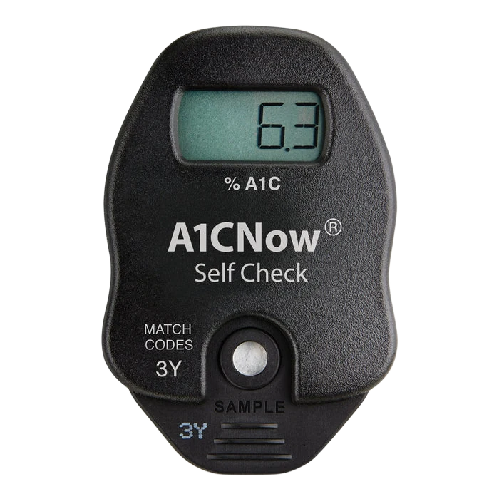 A1CNow Self Check HbA1c monitor displaying a 6.3 percent A1C result