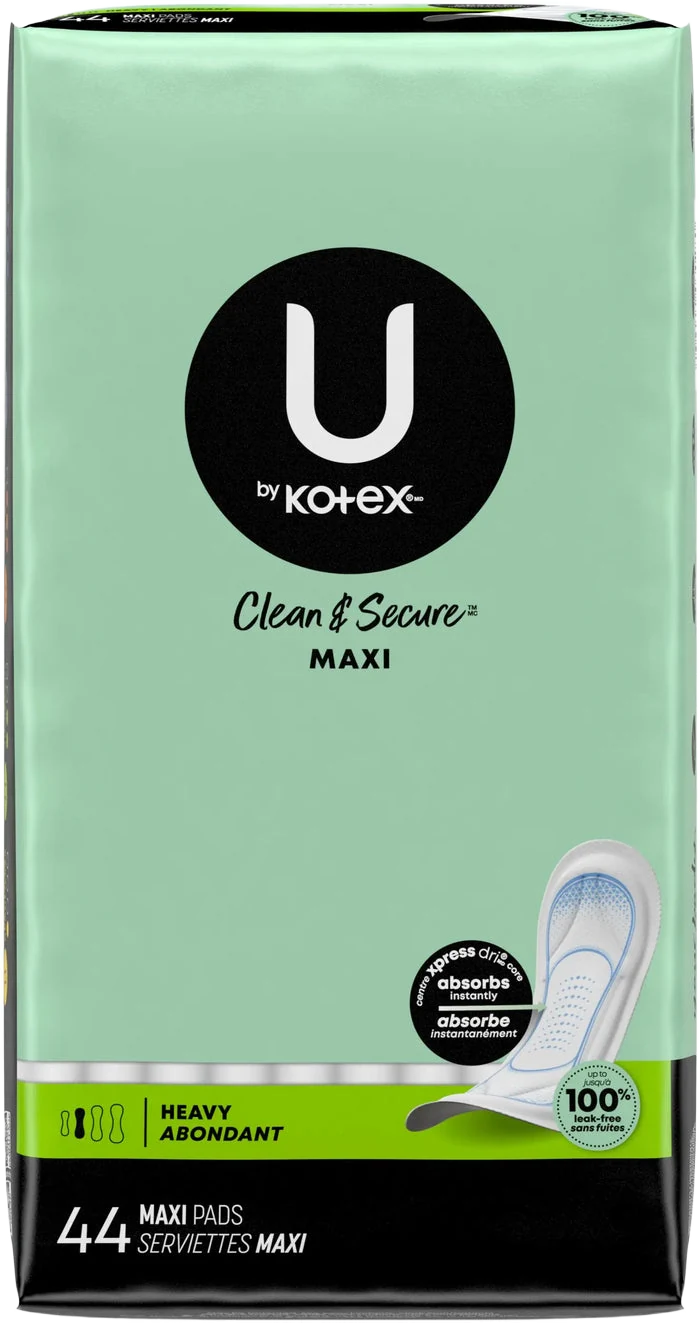 U by Kotex Maxi Heavy pads package, 44-count maxi pads for heavy flow