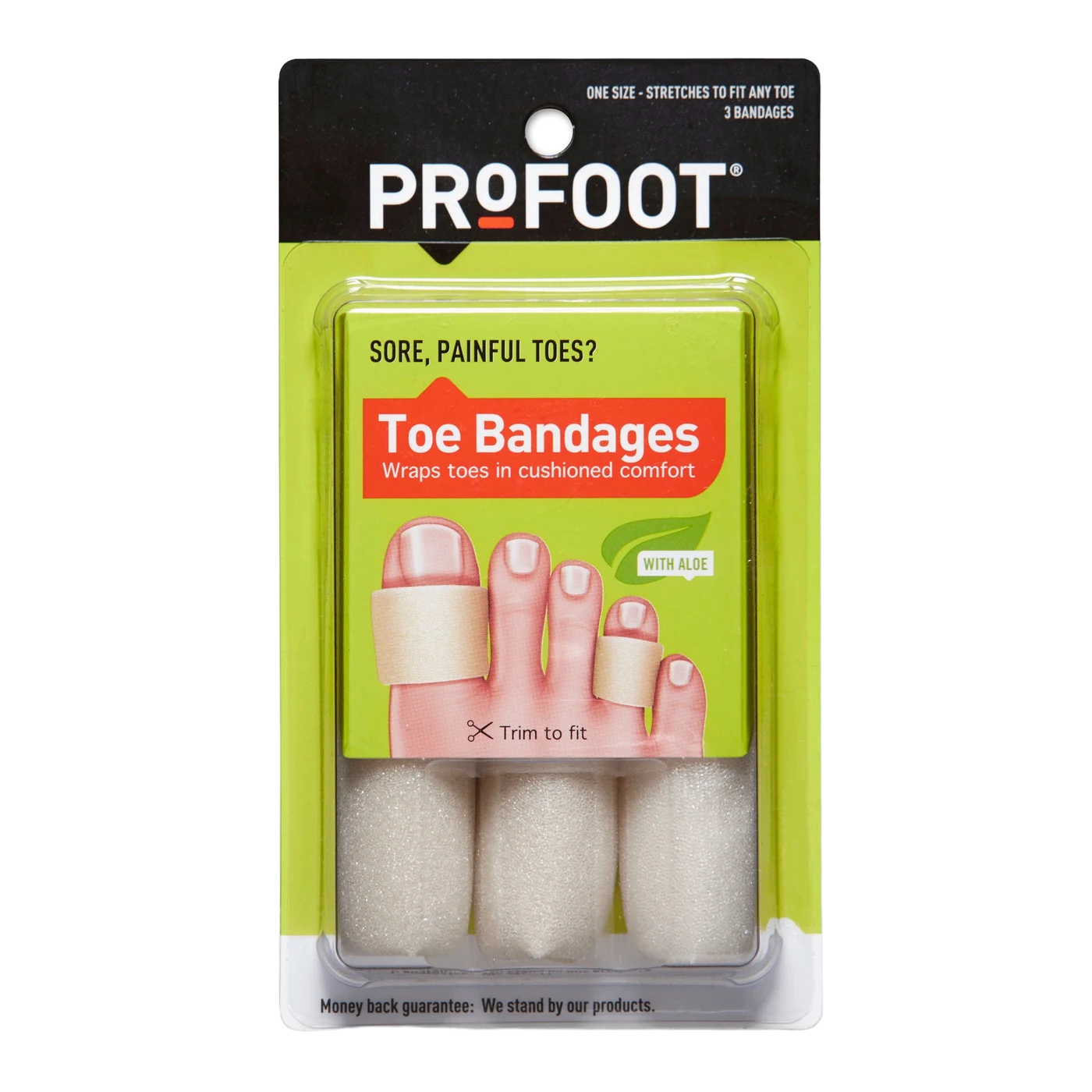 ProFoot Toe Bandages package, one size, 3 cushioned foam toe bandages with aloe
