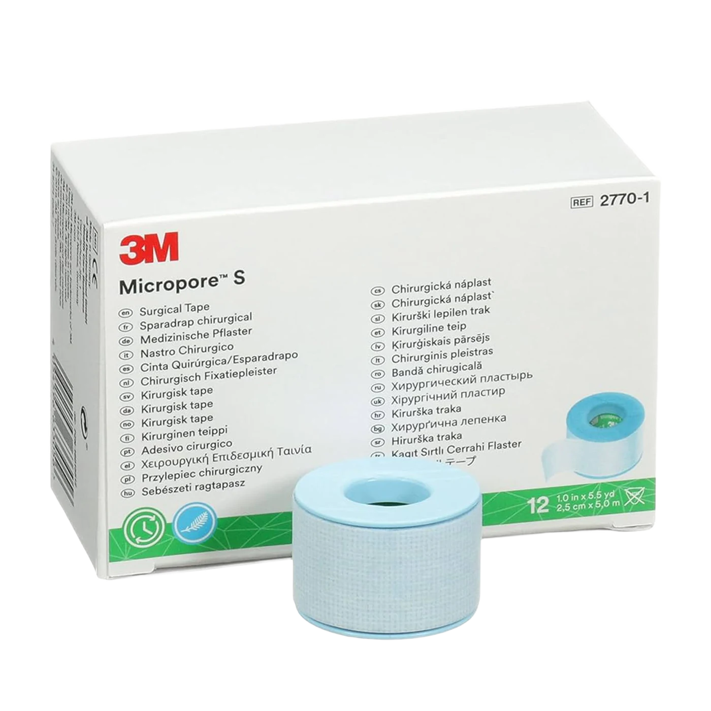 3M Micropore S silicone surgical tape box with blue tape roll
