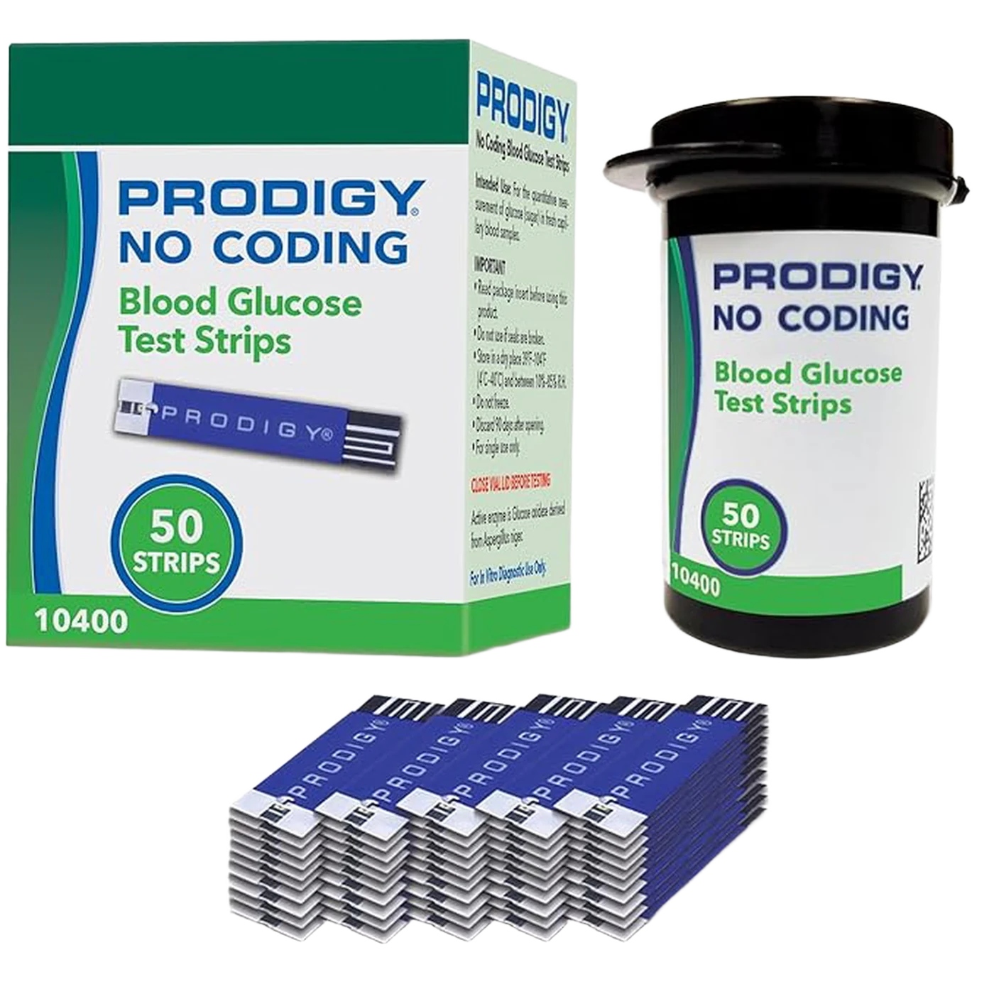 Prodigy No Coding blood glucose test strips box, vial, and 50 test strips