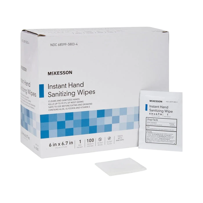 McKesson Instant Hand Sanitizing Wipes box, 100 individually wrapped packets, single wipe shown