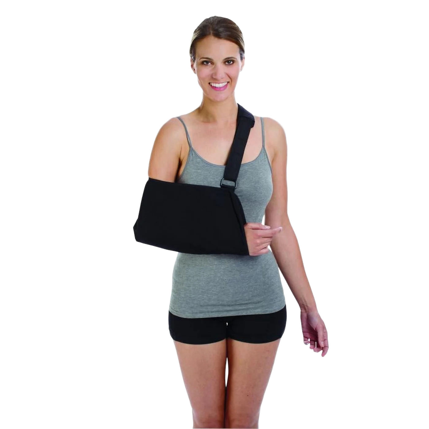 Person wearing the Procare Deluxe black arm sling with padded shoulder strap