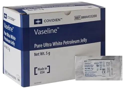 Covidien Vaseline Pure Ultra White Petroleum Jelly box with 5 g single-use packet
