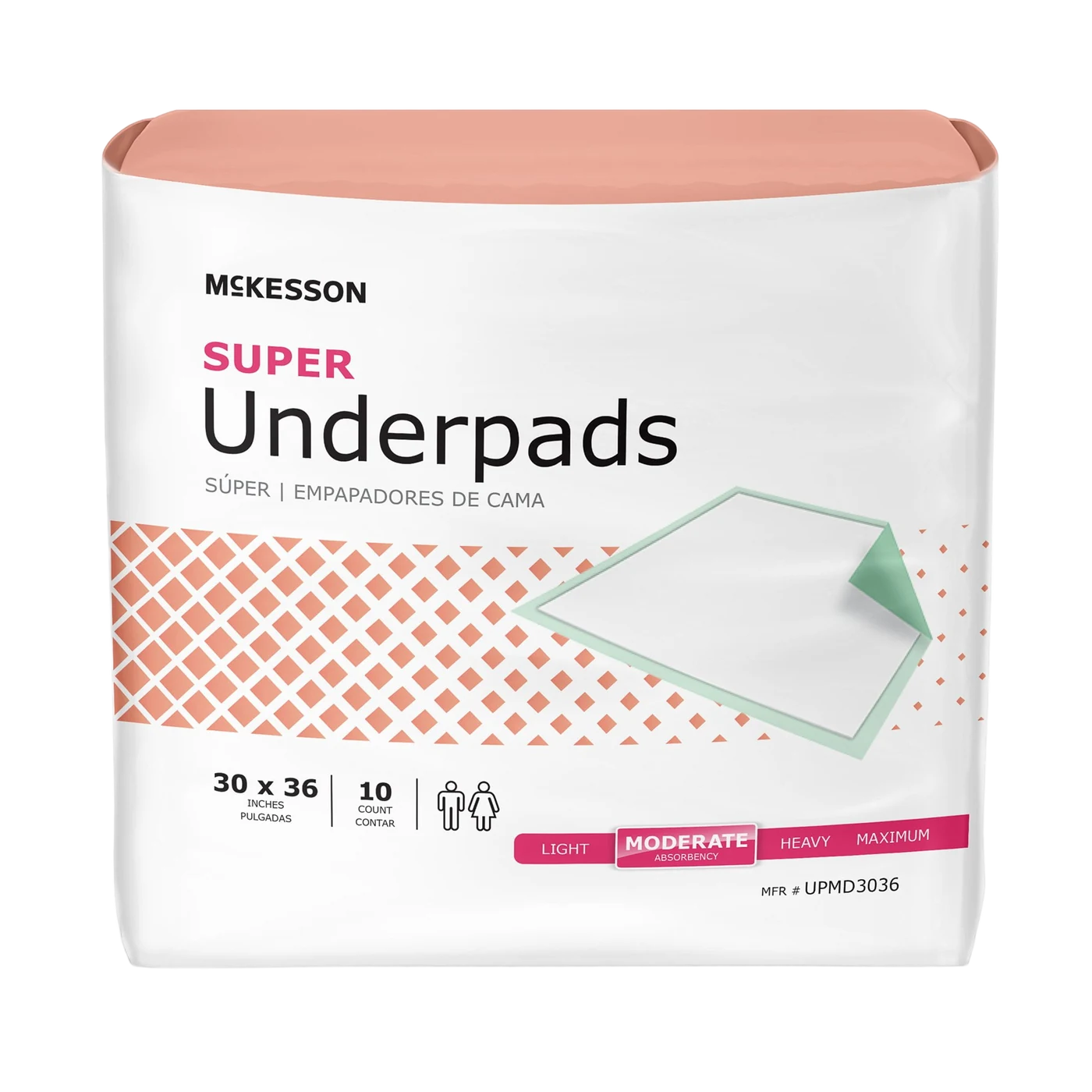 McKesson Super Underpads bag, front of pack, moderate-absorbency disposable bed pads with a polymer core