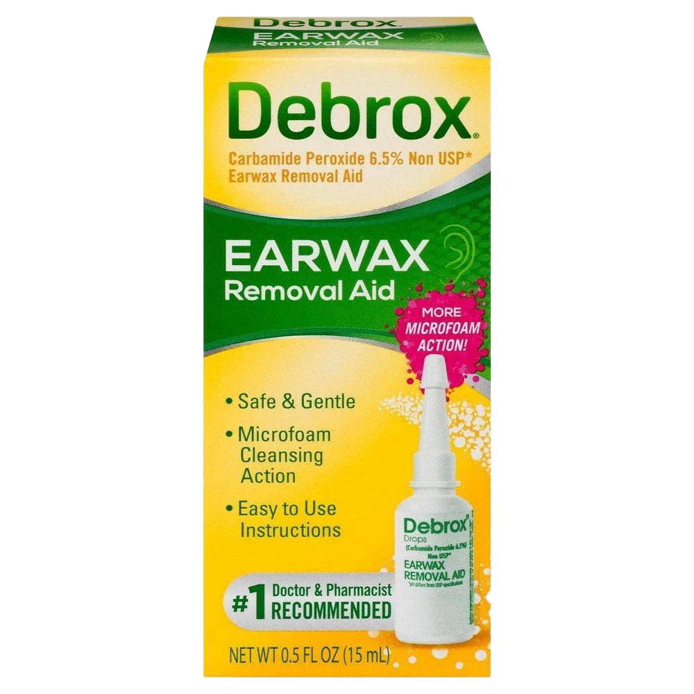 Debrox Earwax Removal Aid box with carbamide peroxide 6.5 percent otic drops, 0.5 fl oz