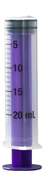 Vesco Medical 20mL ENFit standard tip enteral feeding syringe in purple with printed graduation markings