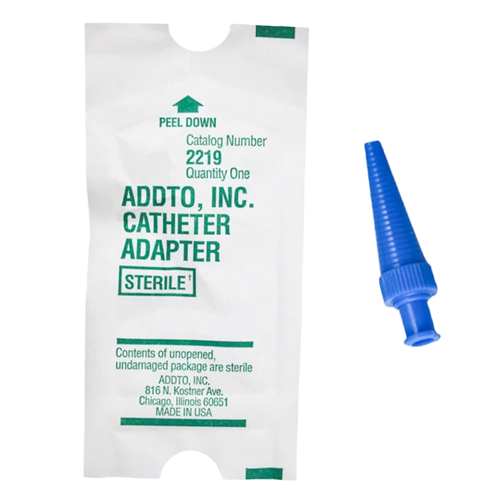 Addto sterile catheter adapter with blue Luer connector and peel-open pouch