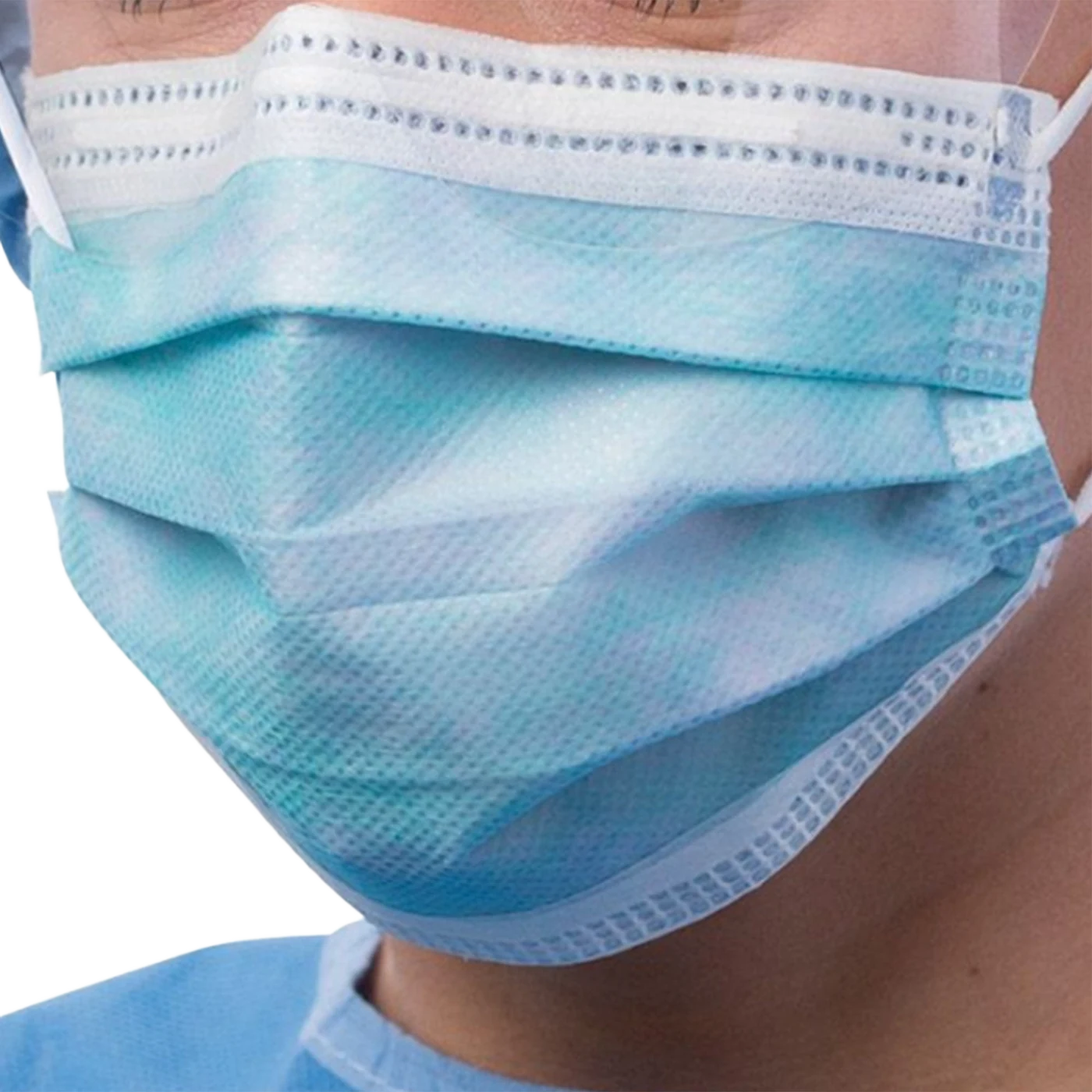 Clinician wearing a pleated blue Cardinal Health ASTM Level 3 surgical mask
