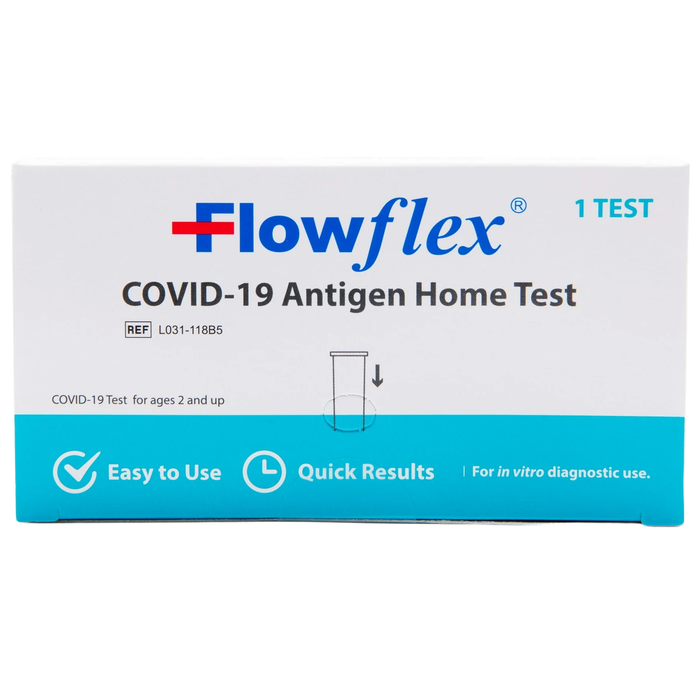Flowflex COVID-19 antigen home test kit box, easy to use with quick results