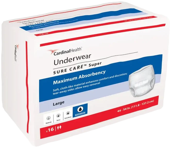 Cardinal Health Sure Care Super protective underwear package, size large, maximum absorbency, 16 count