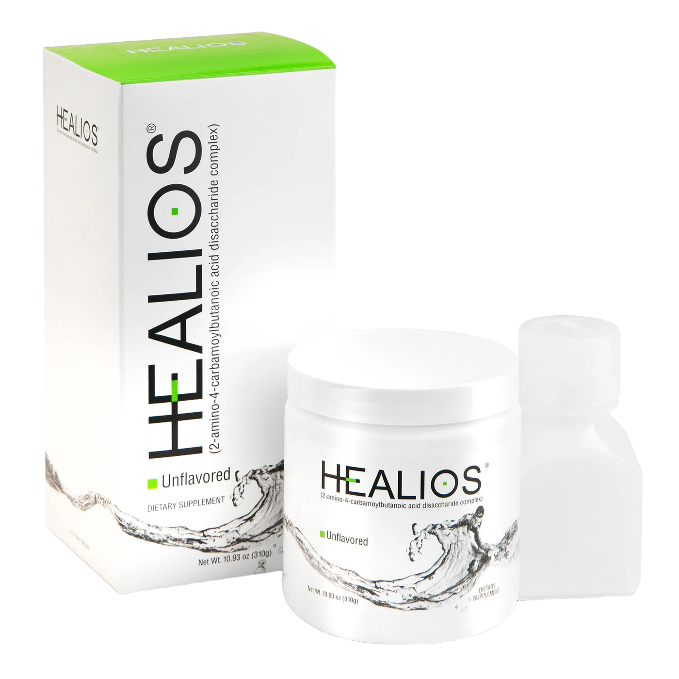 Healios oral supplement powder jar, box, and mixing bottle for mouth sore relief