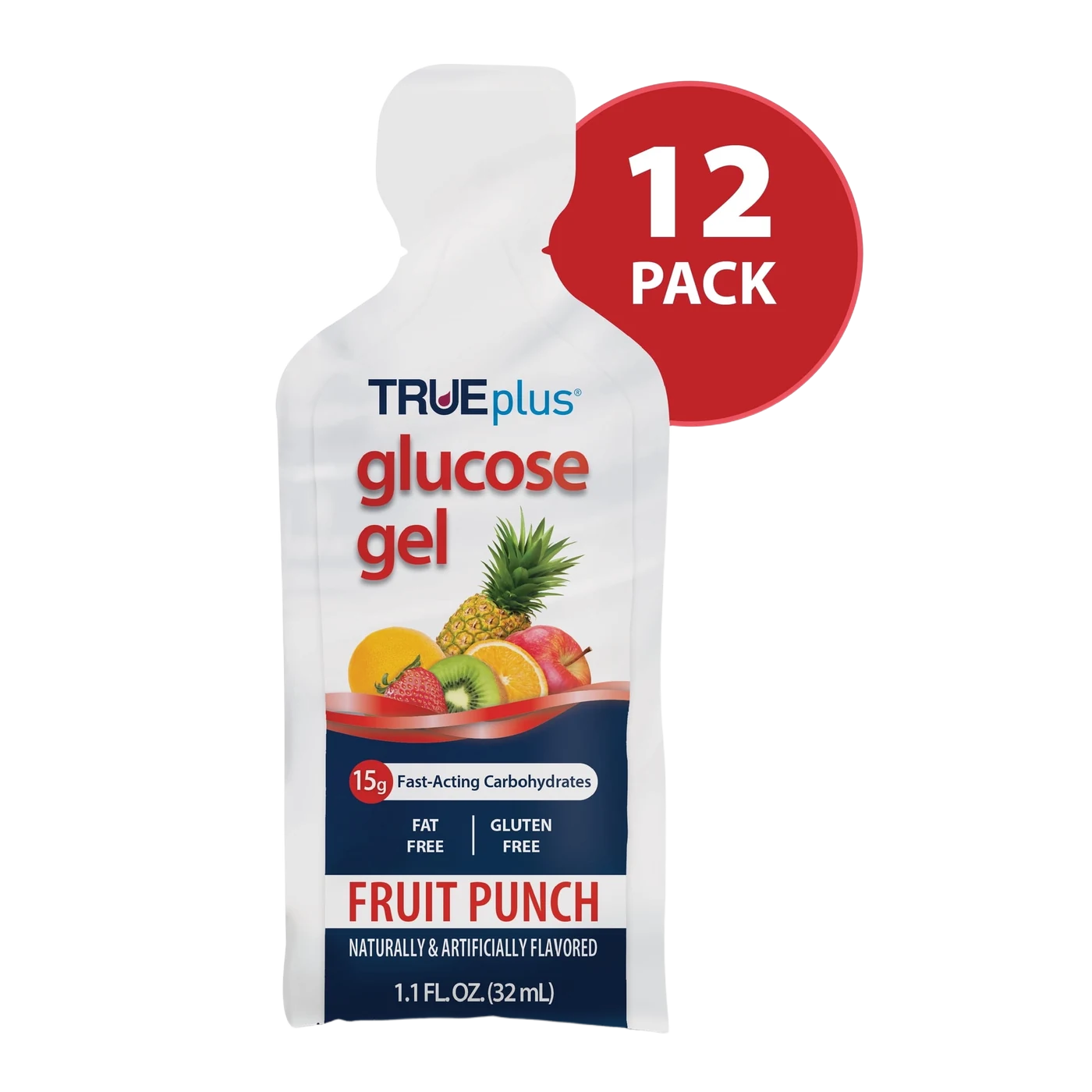 TRUEplus glucose gel fruit punch flavor pouch with 15g fast-acting carbohydrates