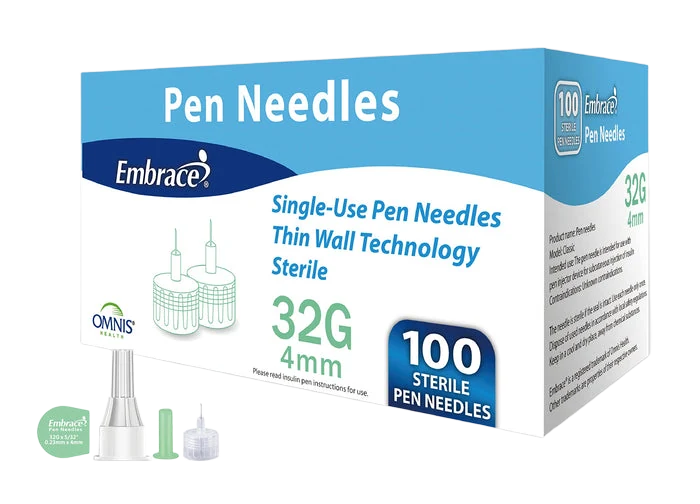 Embrace single-use insulin pen needles box, 32G 4mm, 100 sterile pen needles