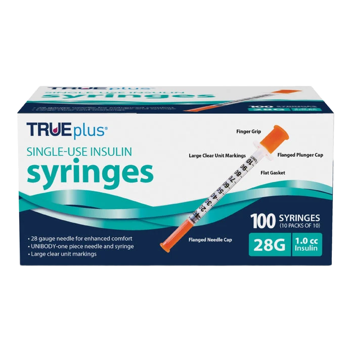 Trividia Health TRUEplus single-use insulin syringes box, 28 gauge, 100 count